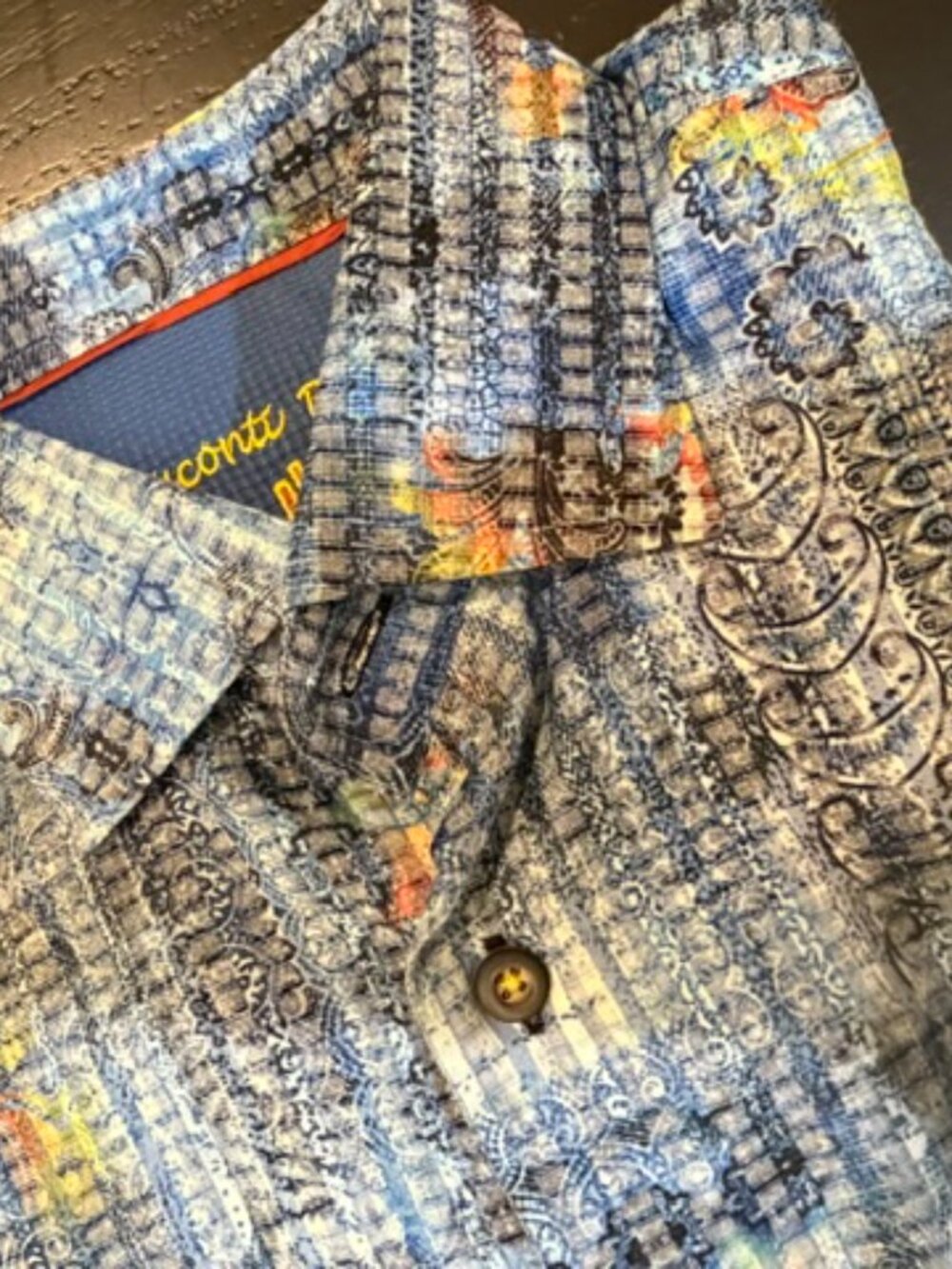 Visconti Black Sport Shirt Small Blue Abstract Check Cotton Button Front